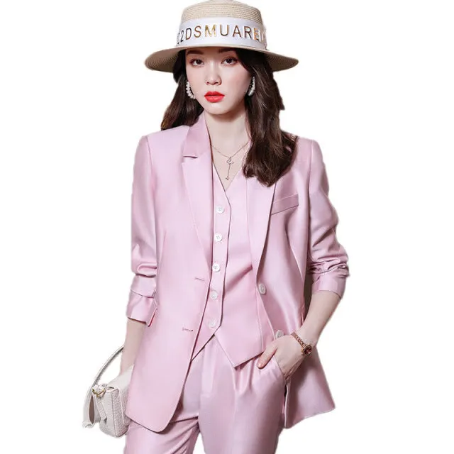 2022 Fashion New Ladies Business Solid Color Suits Trousers Waistcoat /Pink Commuter Blazers Jacket Pants Vest Set