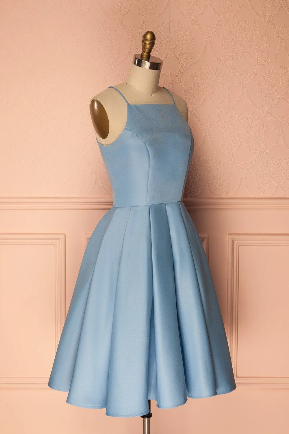 A Line Blue Halter Sleeveless Short Satin Knee Length Homecoming Dress JS601