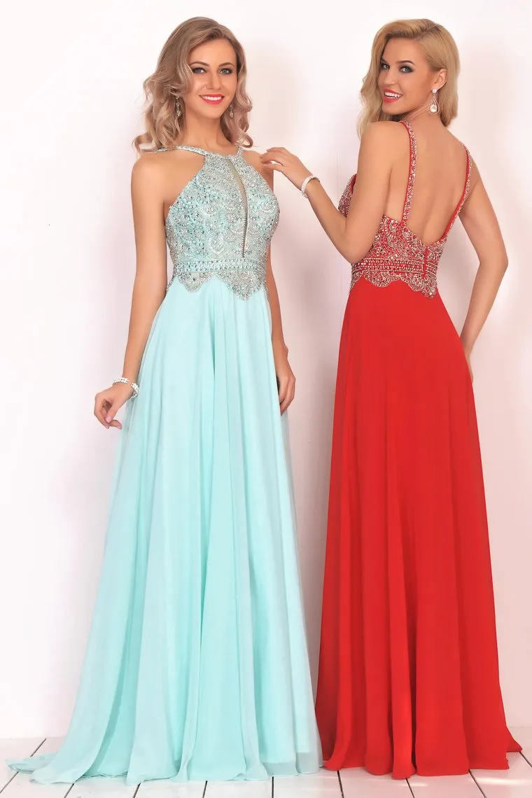 A Line Chiffon Spaghetti Straps Prom Dresses With Beading Floor Length