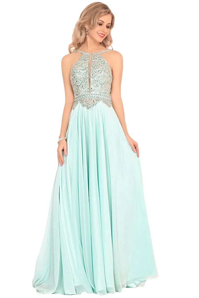 A Line Chiffon Spaghetti Straps Prom Dresses With Beading Floor Length