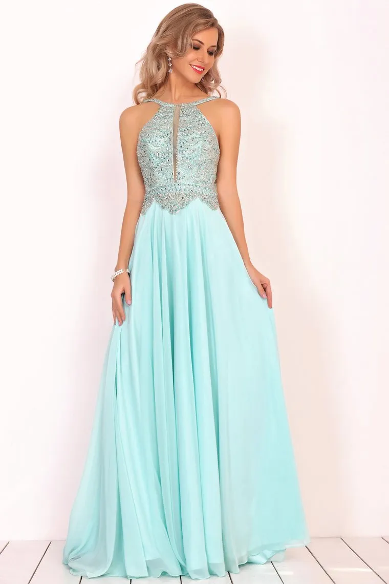 A Line Chiffon Spaghetti Straps Prom Dresses With Beading Floor Length