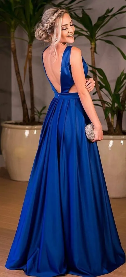 A-line Deep-V Sweep Train Satin Royal Blue Evening Dresses 3065