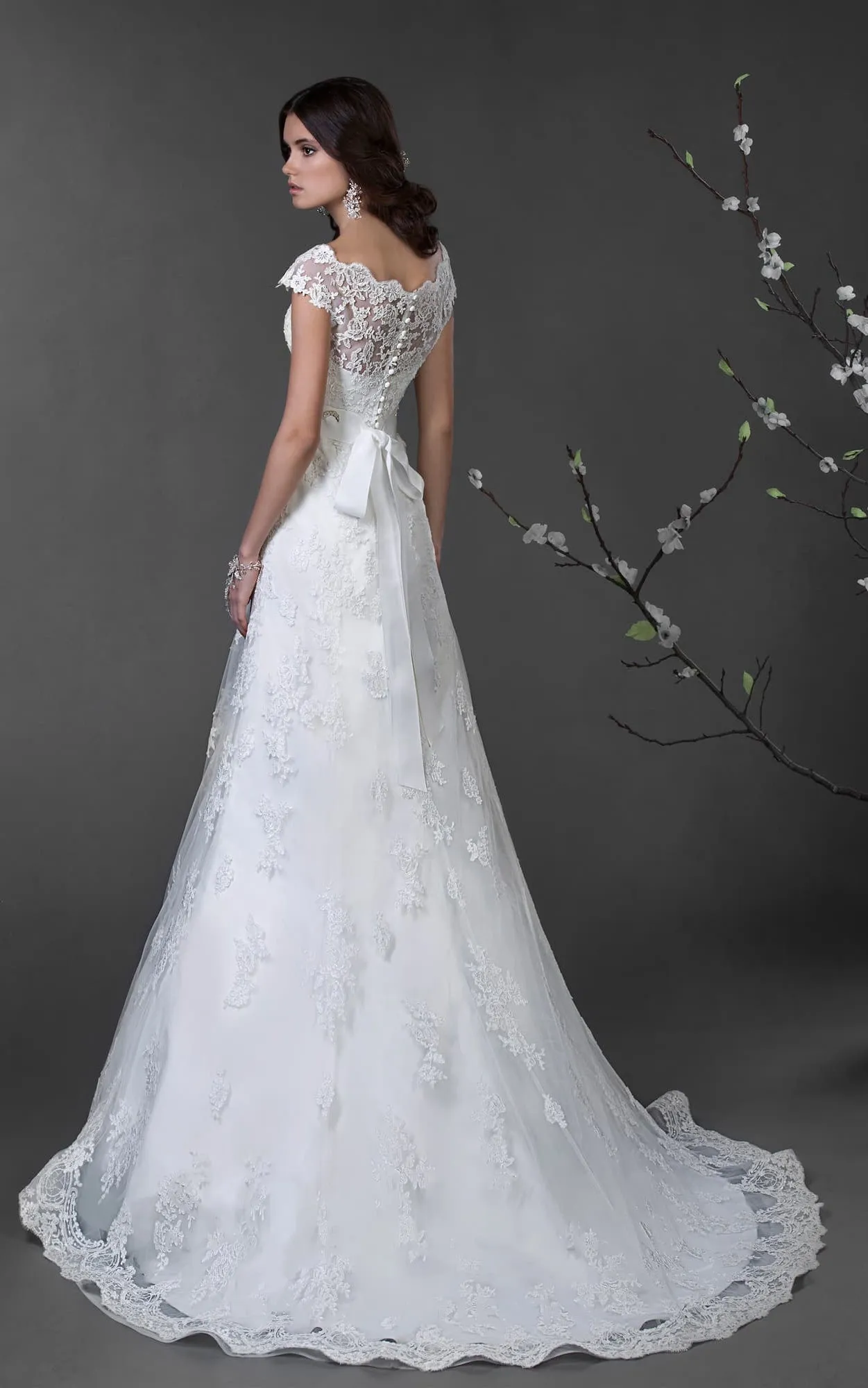 A-Line Floor-Length Off-The-Shoulder Cap-Sleeve Illusion Lace Dress With Appliques And Waist Jewellery-714554