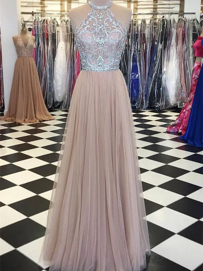 A-line Halter Floor-length Tulle Prom Dresses With Rhine Stones HX00158