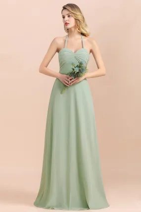 A-Line Halter Sweetheart Chiffon Sage Bridesmaid Dress Chic Long Wedding Guest Dress