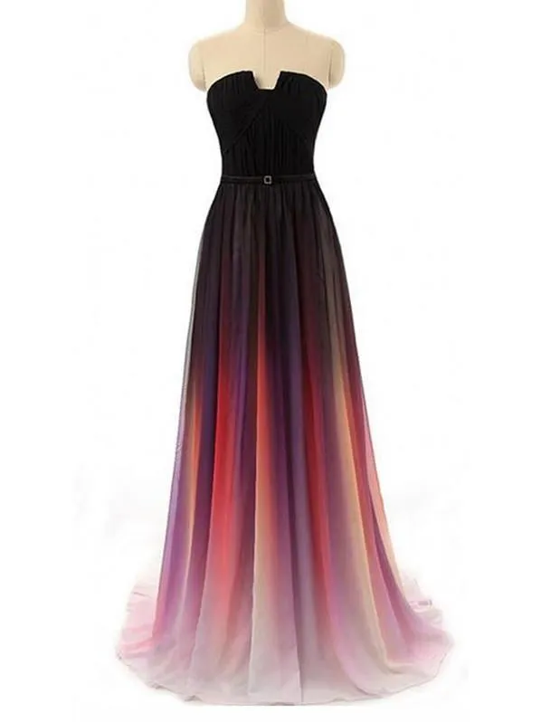 A-line Straight Across Floor-Length Chiffon Ombre Prom Dresses HX00128