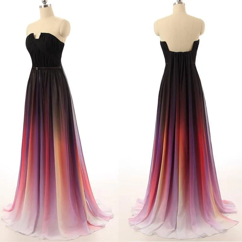 A-line Straight Across Floor-Length Chiffon Ombre Prom Dresses HX00128