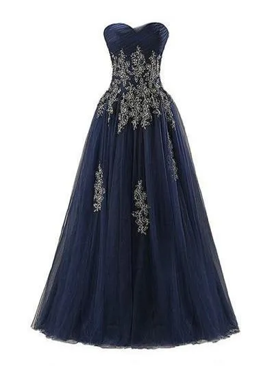 A-line Sweetheart Floor-Length Tulle Appliqued Prom Dresses ASD2623