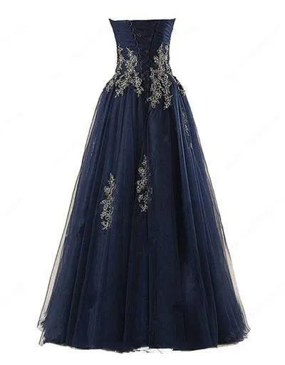 A-line Sweetheart Floor-Length Tulle Appliqued Prom Dresses ASD2623