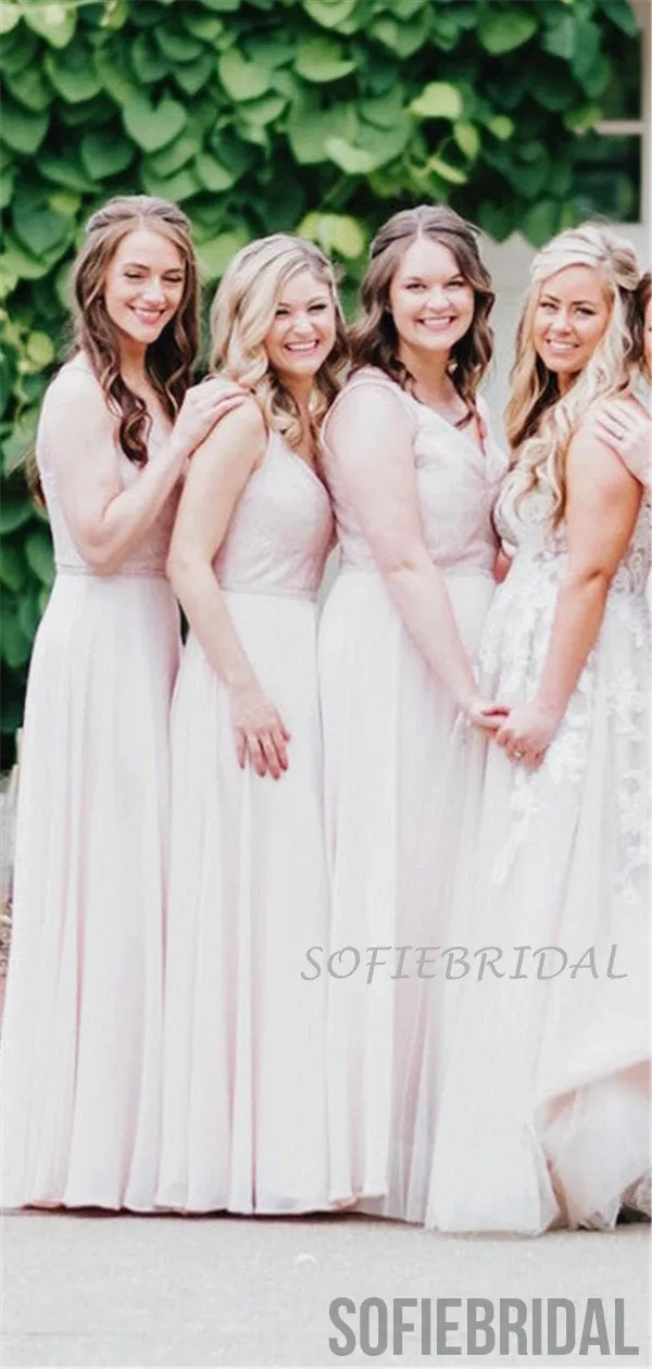 A-line V-neck Lace Top Backless Long Chiffon Bridesmaid Dresses, BD1075