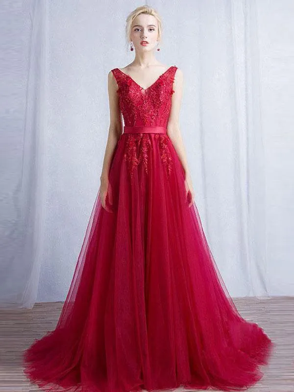 A-line V-neck Sweep Train Tulle Appliqued Beaded Red Prom Dresses 3015