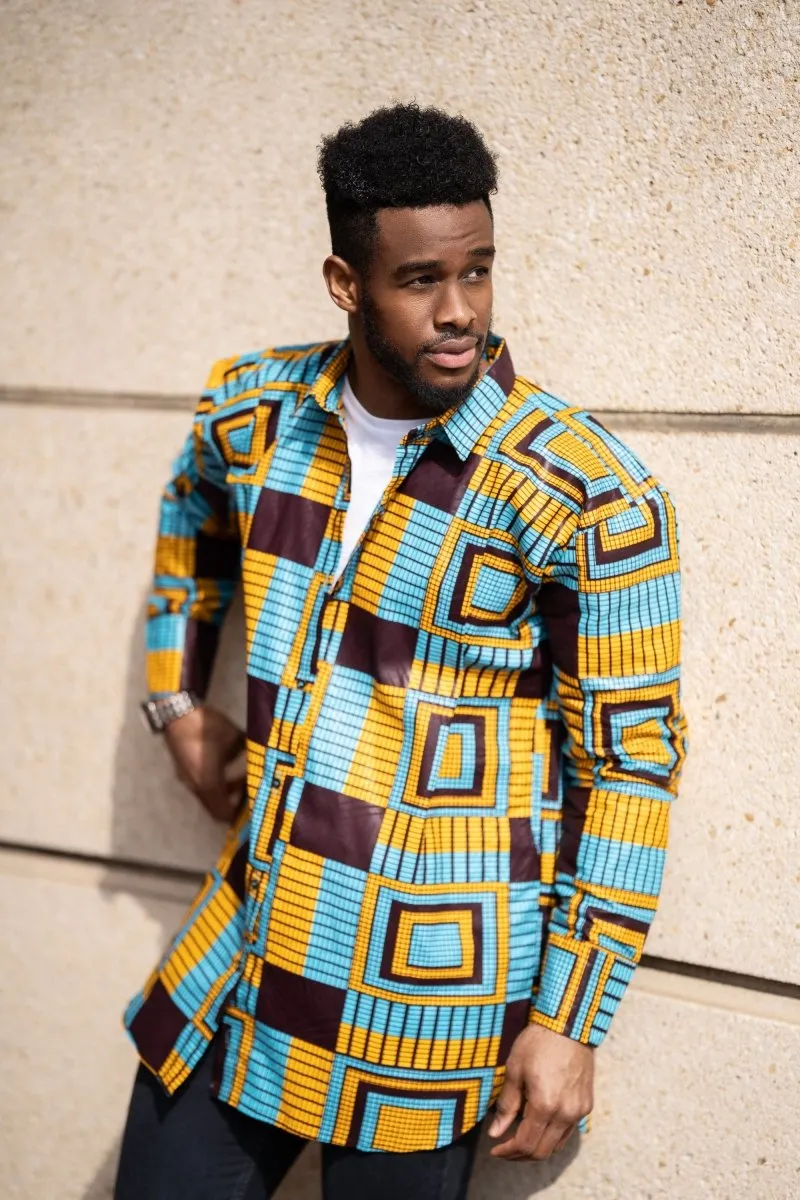 African Shirt In Electric Blue Kente