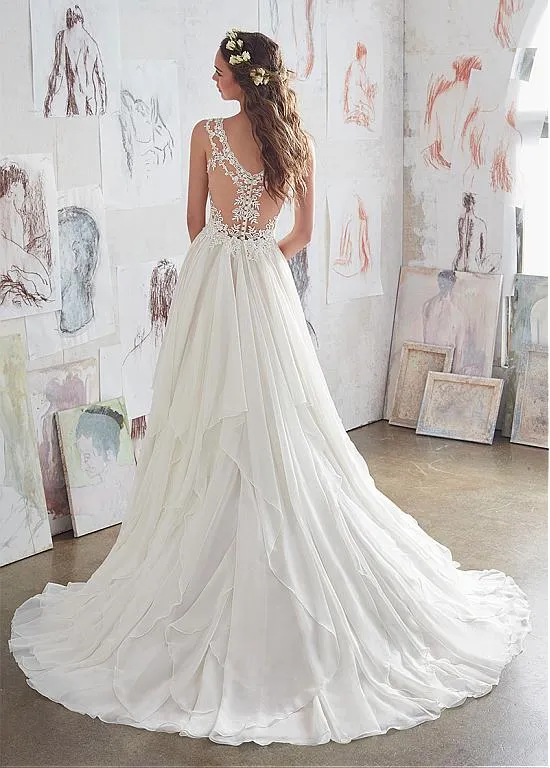 Amazing  Chiffon V-Neck A-Line Beaded Lace Appliques Wedding Dresses, WD0332