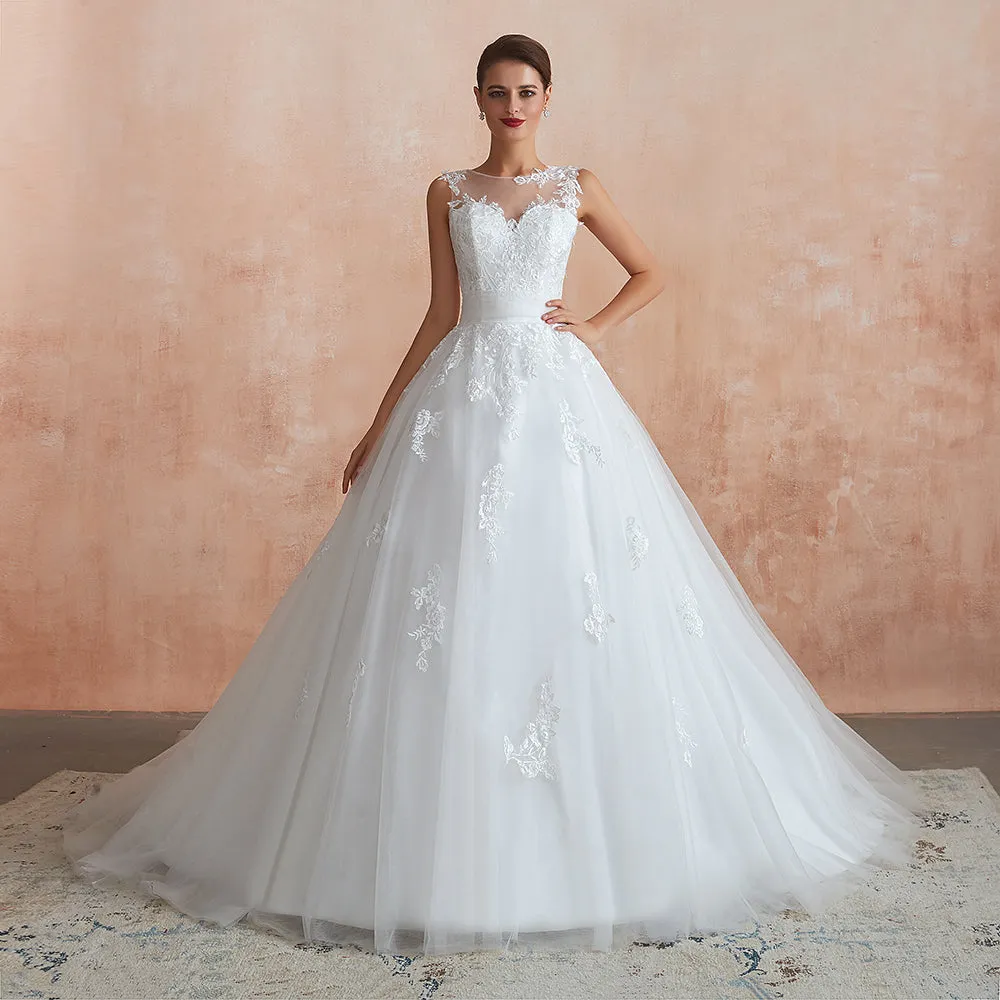 Amazing Long A-line Appliques Lace Tulle Wedding Dress