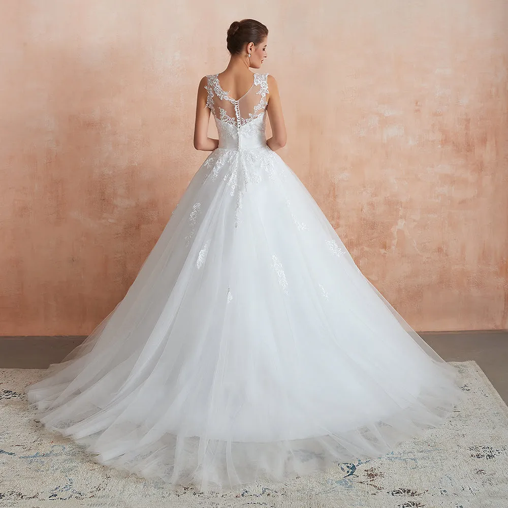 Amazing Long A-line Appliques Lace Tulle Wedding Dress