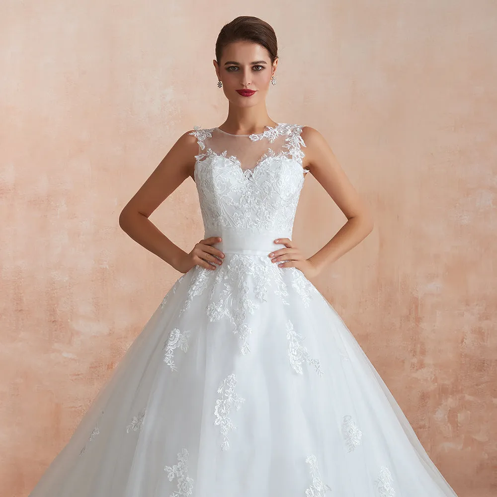 Amazing Long A-line Appliques Lace Tulle Wedding Dress