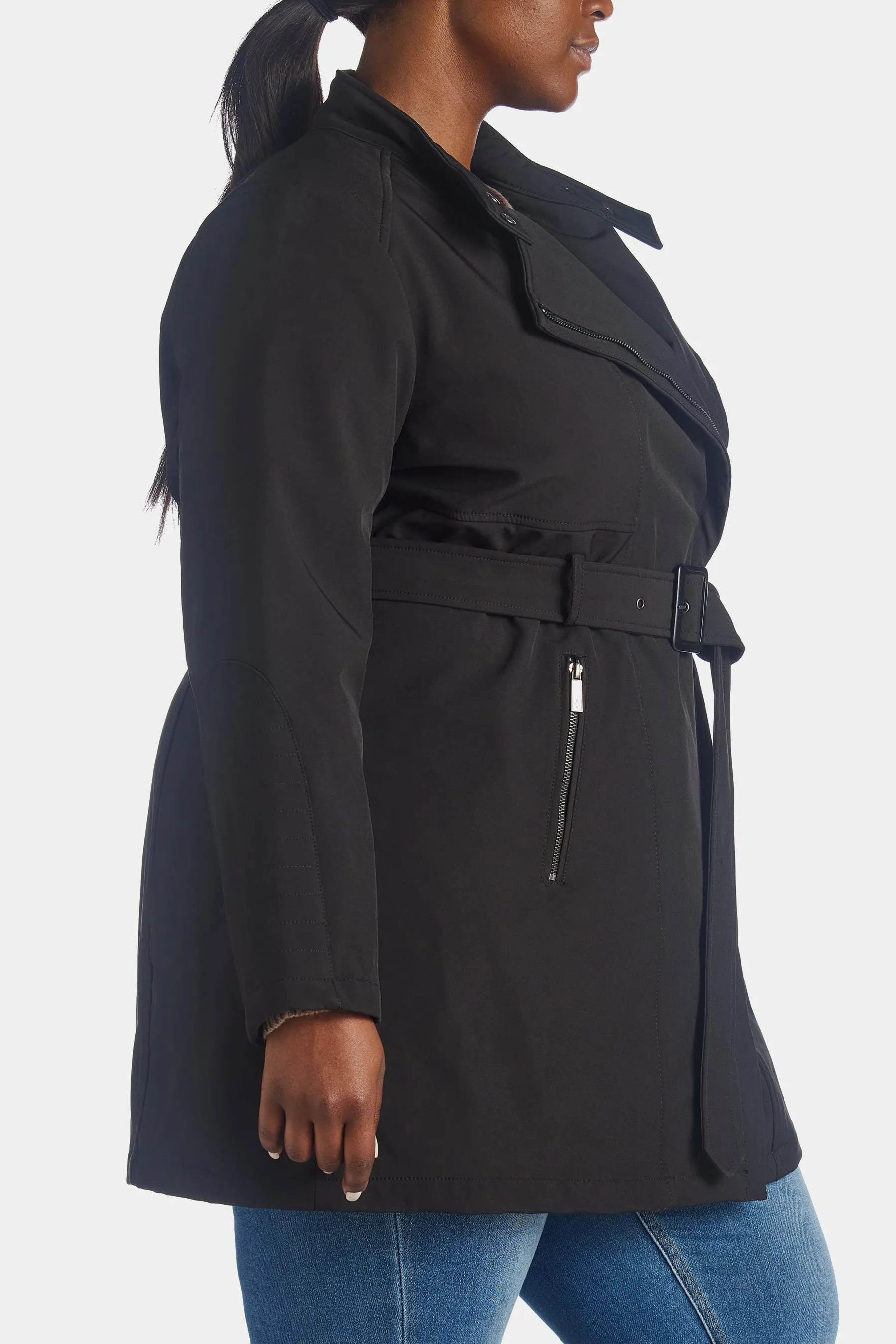 Asymmetrical Soft Shell Belted Trench