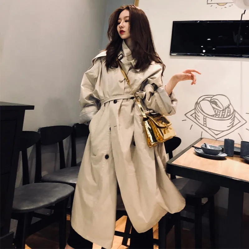 Autumn Khaki Double-Breasted Long Windbreaker Trench Coat - Fashionable Loose Fit