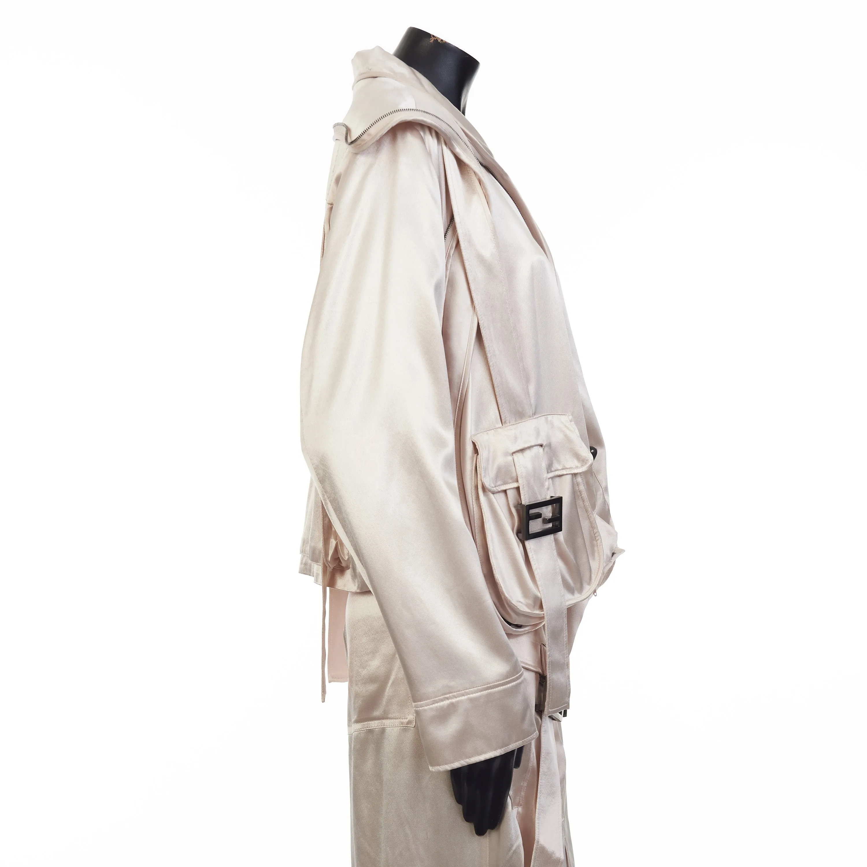 Beige Satin Blouson Jacket - Snap Closure, Metal FF Buckle, Baguette Pocket