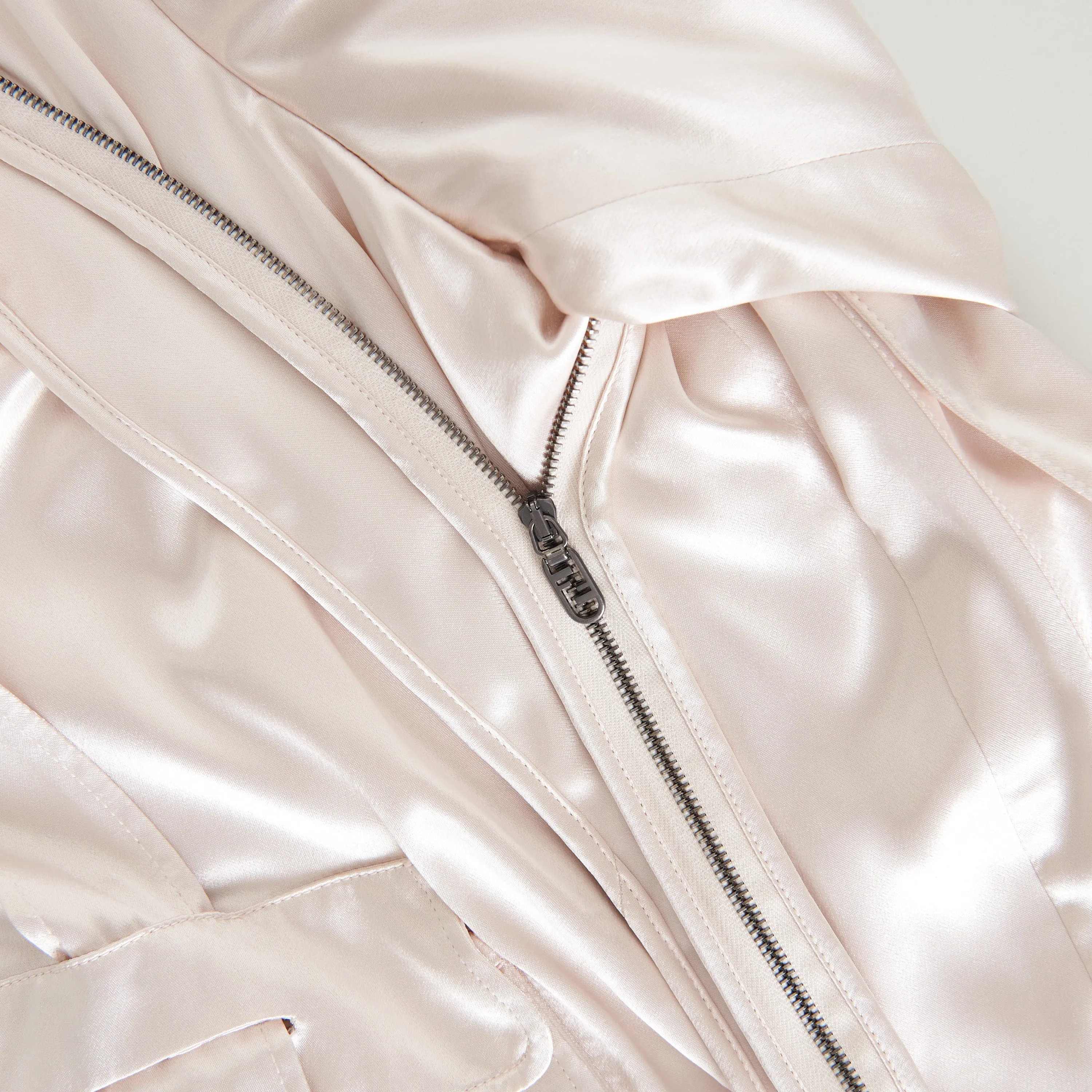 Beige Satin Blouson Jacket - Snap Closure, Metal FF Buckle, Baguette Pocket