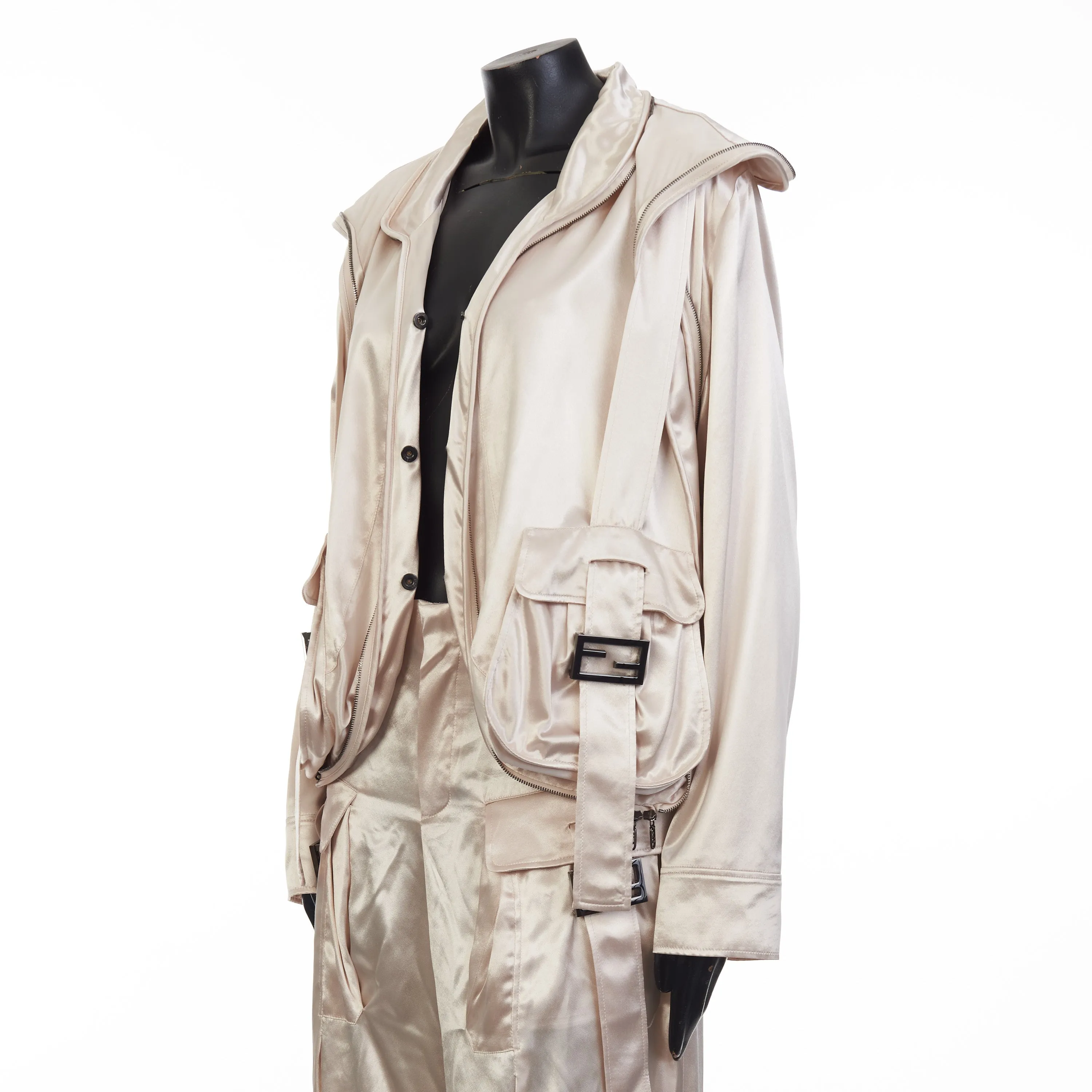 Beige Satin Blouson Jacket - Snap Closure, Metal FF Buckle, Baguette Pocket