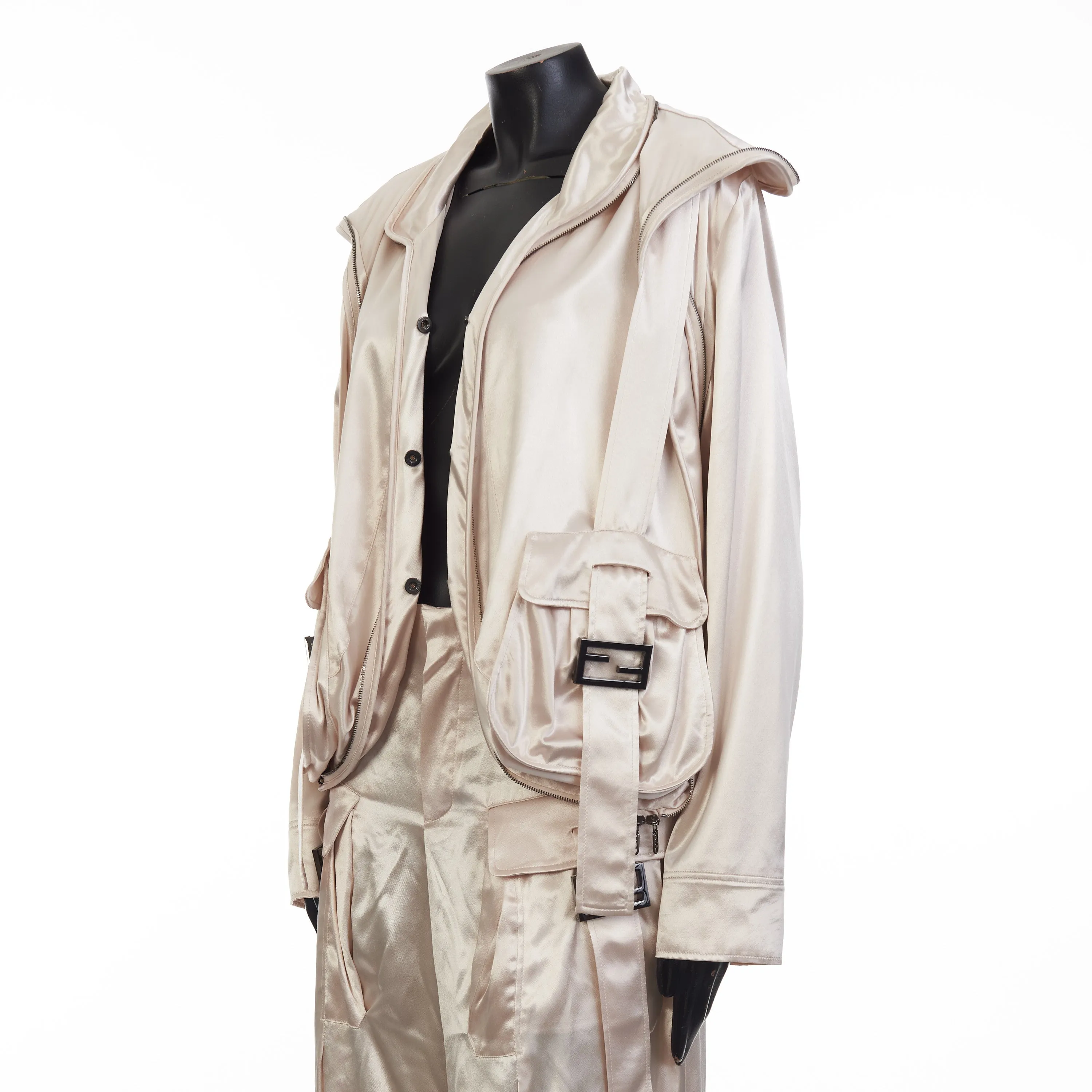 Beige Satin Blouson Jacket - Snap Closure, Metal FF Buckle, Baguette Pocket