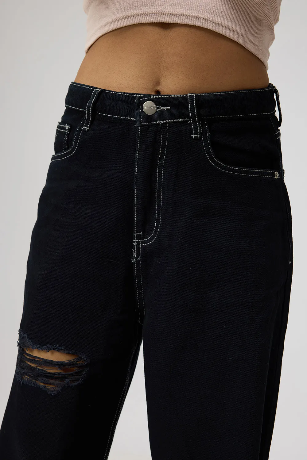 Black High-Rise Distressed Straight Leg Jeans