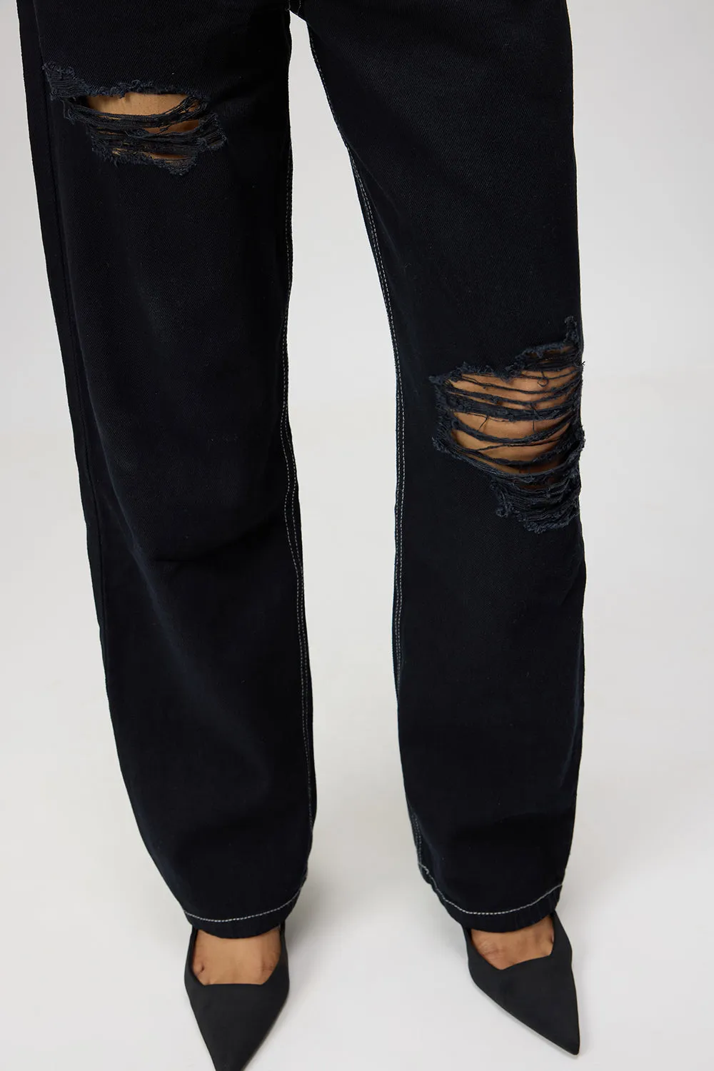 Black High-Rise Distressed Straight Leg Jeans