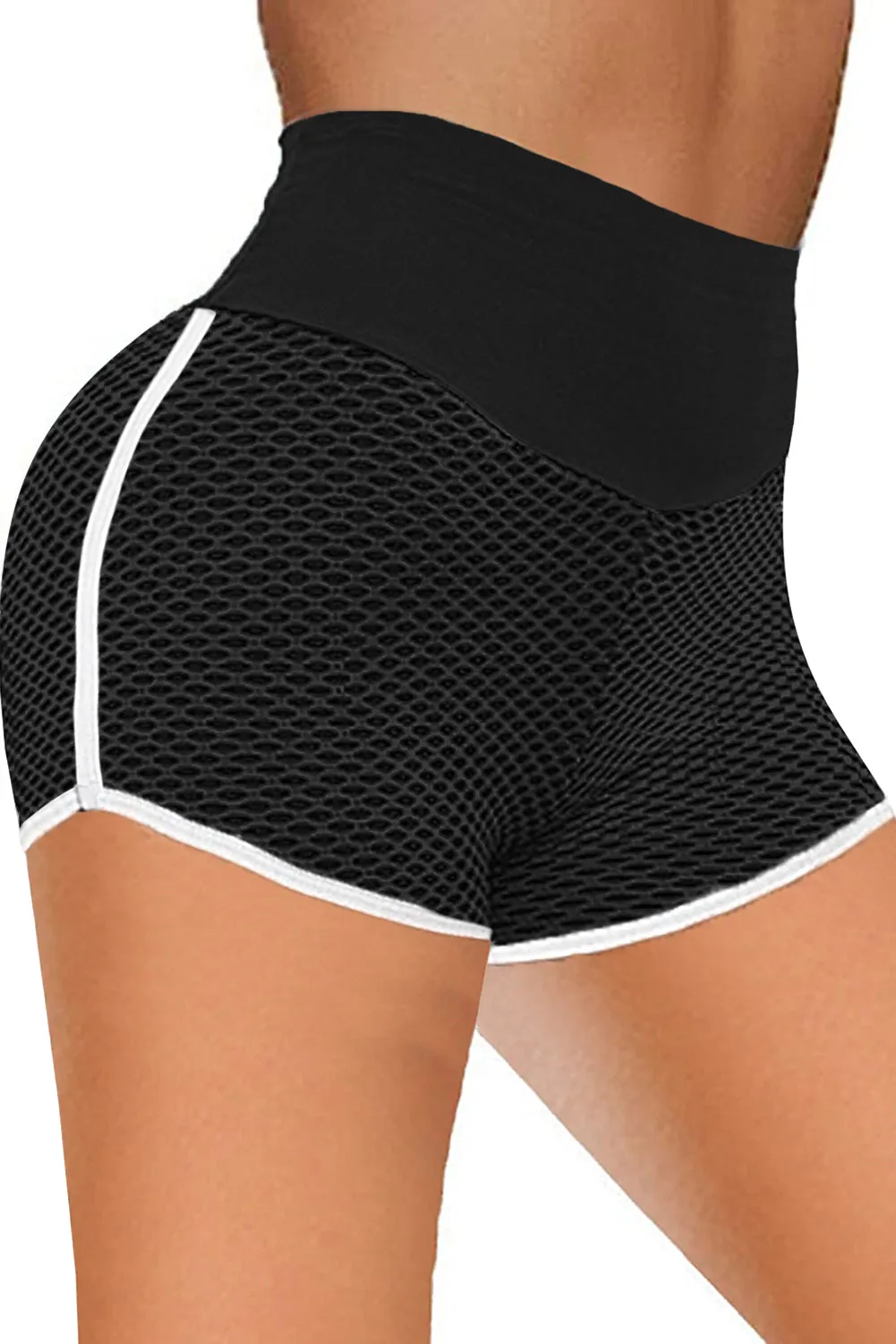 Black Honeycomb Contrast High Waist Gym Shorts