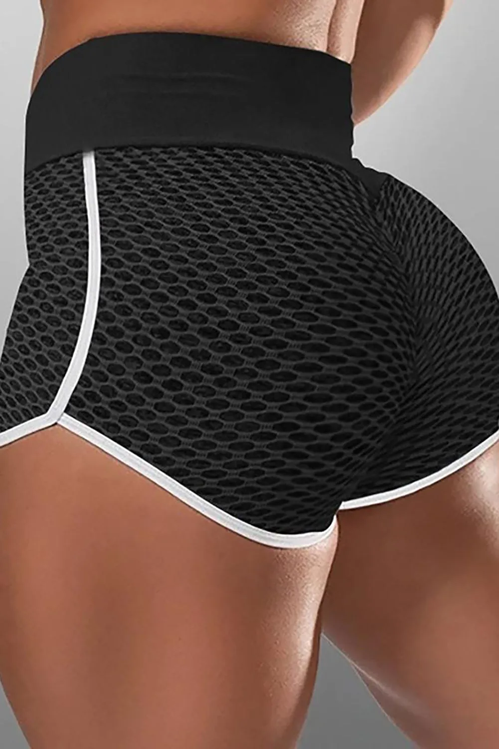 Black Honeycomb Contrast High Waist Gym Shorts