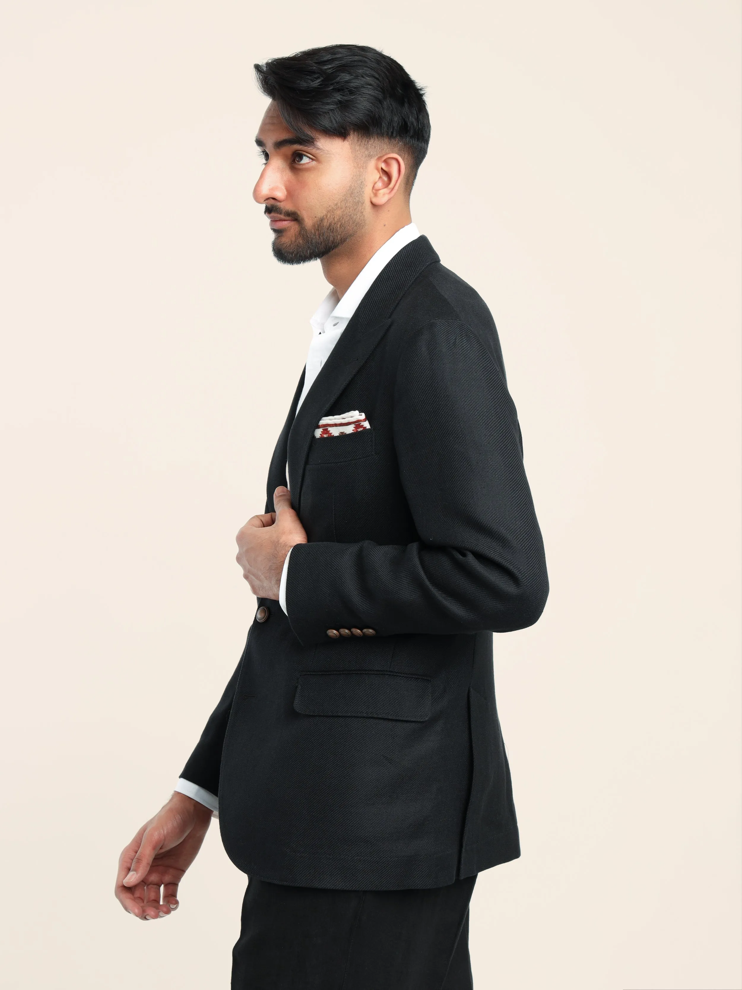 Black Linen-Wool-Silk Diagonal Deconstructed Sport Jacket