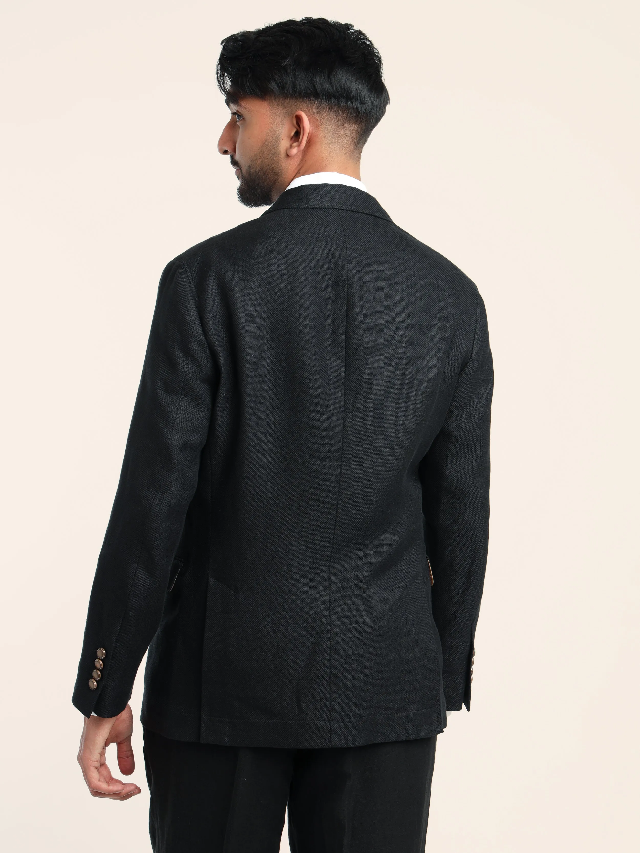 Black Linen-Wool-Silk Diagonal Deconstructed Sport Jacket