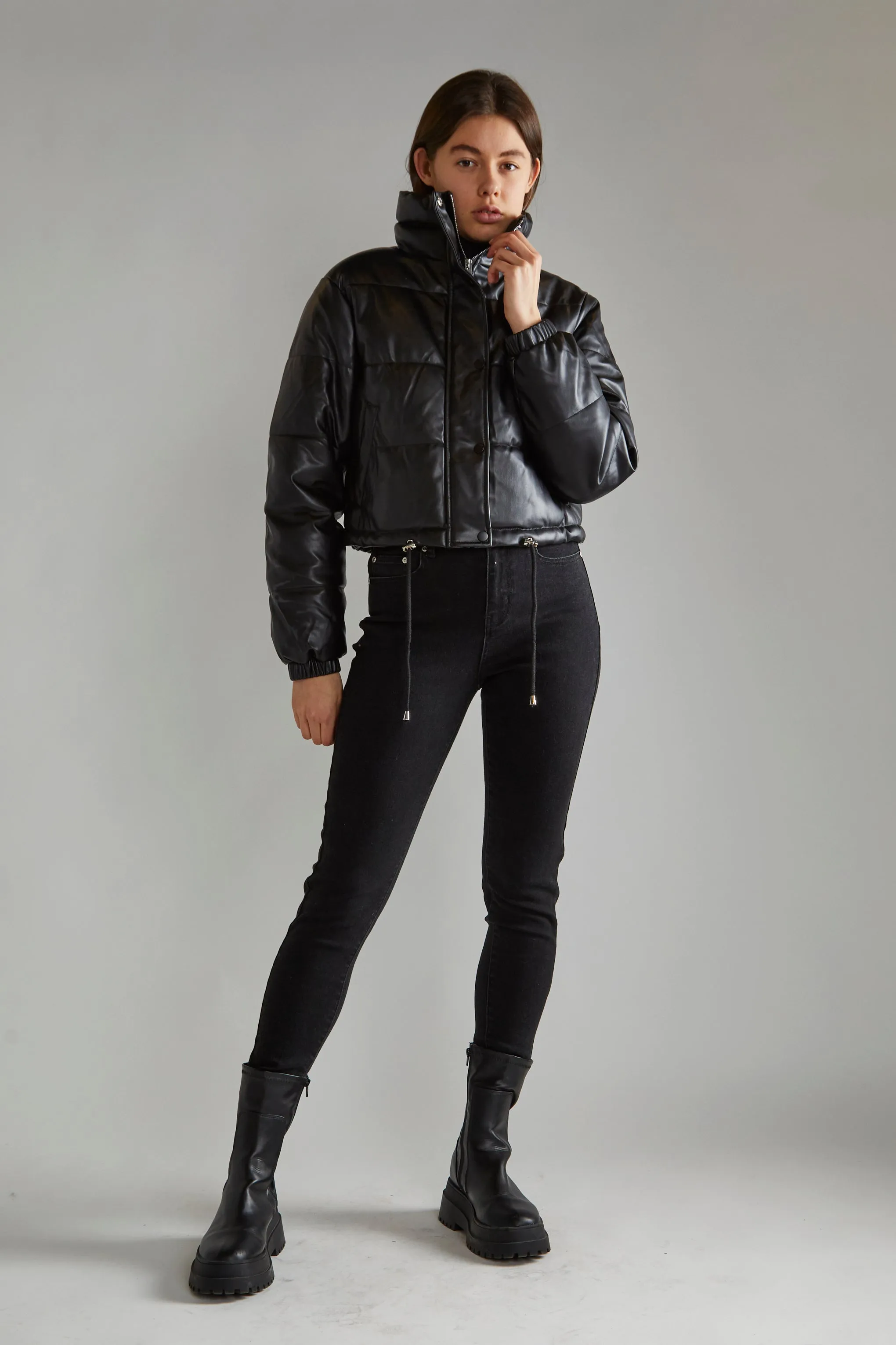 Black PU Puffer Cropped-Jacket