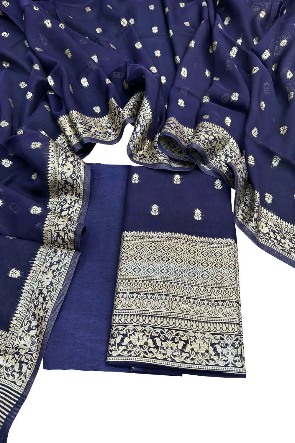 Blue Banarasi Georgette Three Piece Unstitched Suit Set