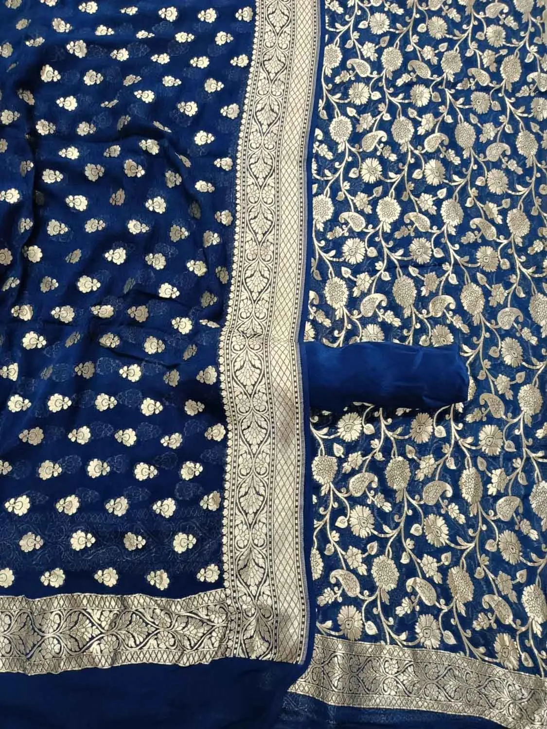 Blue Banarasi Pure Georgette Three Piece Unstitched Suit Set