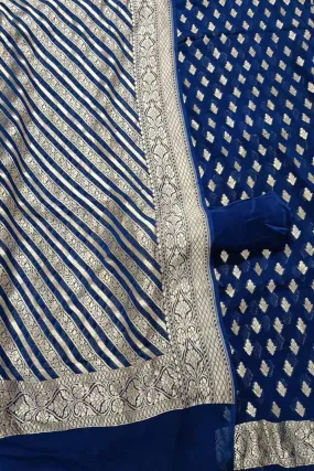 Blue Banarasi Pure Georgette Three Piece Unstitched Suit Set