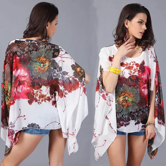 Boho Batwing Sleeve Chiffon Blouse Women Casual Floral Print Loose Kimono Shirts Big Size Beach Tunic Tops Peplum Blusa Robe