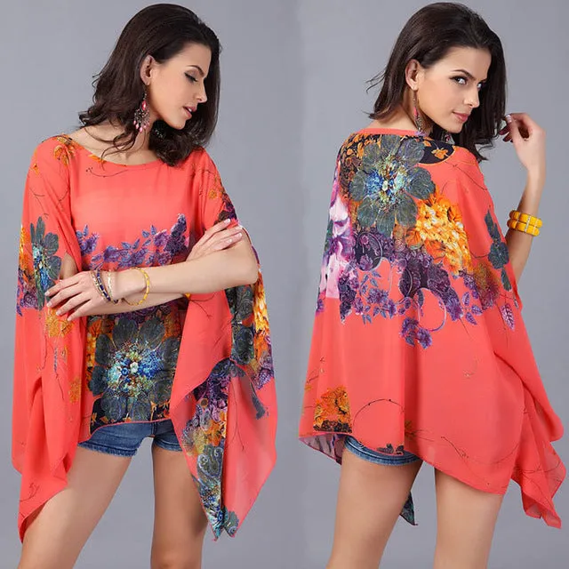 Boho Batwing Sleeve Chiffon Blouse Women Casual Floral Print Loose Kimono Shirts Big Size Beach Tunic Tops Peplum Blusa Robe