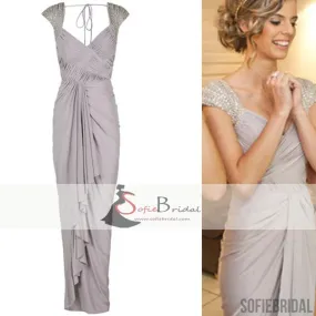 Cap Sleeve Beaded Jersey Grey Bridesmaid Dresses, Long Bridesmaid Dresses, Cheap Bridesmaid Dresses, PD0489