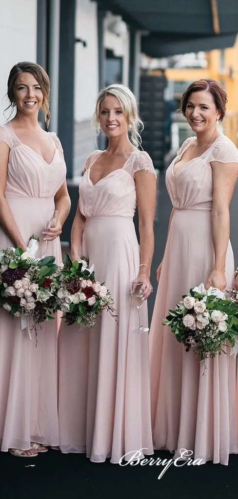 Cap Sleeves A-line Blush Pink Chiffon Lace Long Bridesmaid Dresses