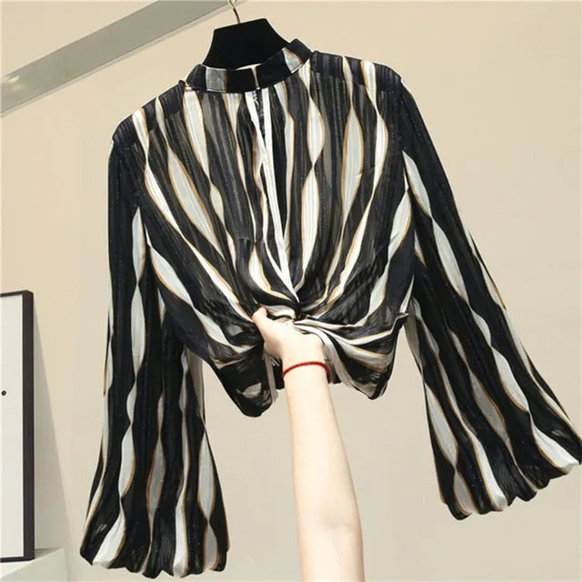 Casual Striped Women Shirt Stand Collar