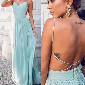 Chiffon Open Back Tiffany Blue Dress, Junior Sexy Long Wedding Party Dresses, WG50