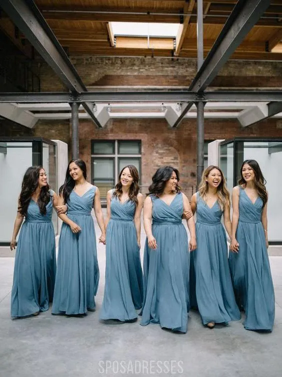 Chiffon V Neck Dusty Blue Long Cheap Bridesmaid Dresses Online, WG251