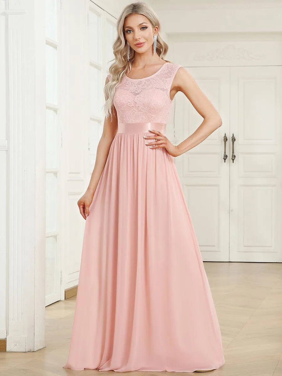 Classic Round Neck V Back Lace Bodice Bridesmaid Dress