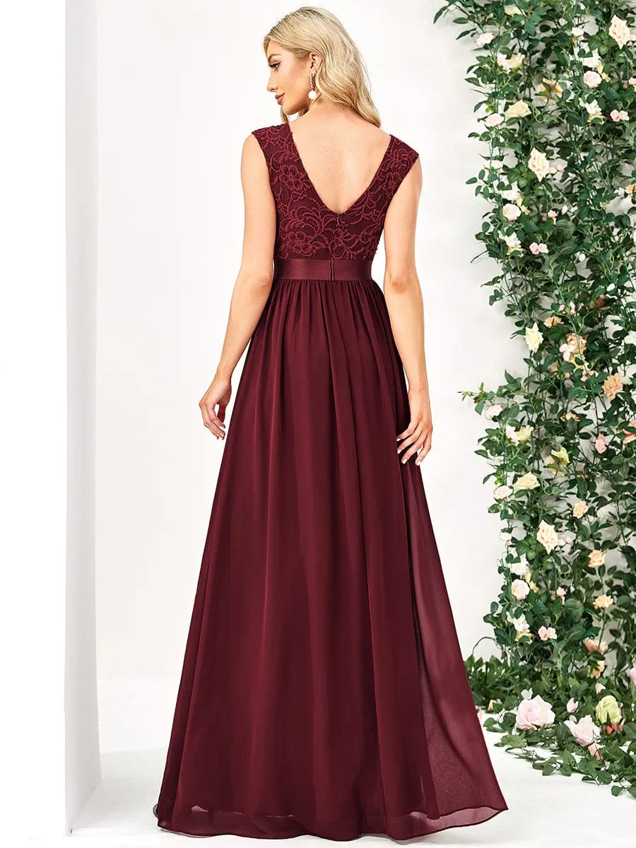 Classic Round Neck V Back Lace Bodice Bridesmaid Dress