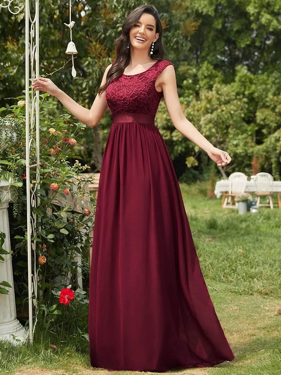 Classic Round Neck V Back Lace Bodice Bridesmaid Dress