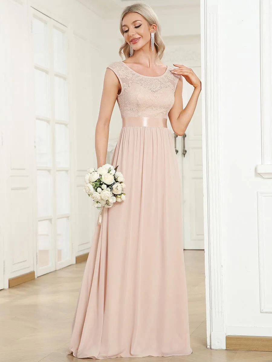 Classic Round Neck V Back Lace Bodice Bridesmaid Dress