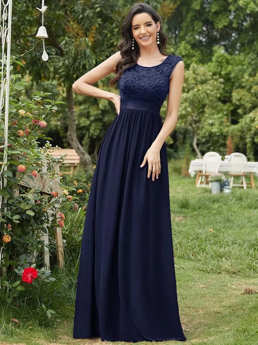 Classic Round Neck V Back Lace Bodice Bridesmaid Dress