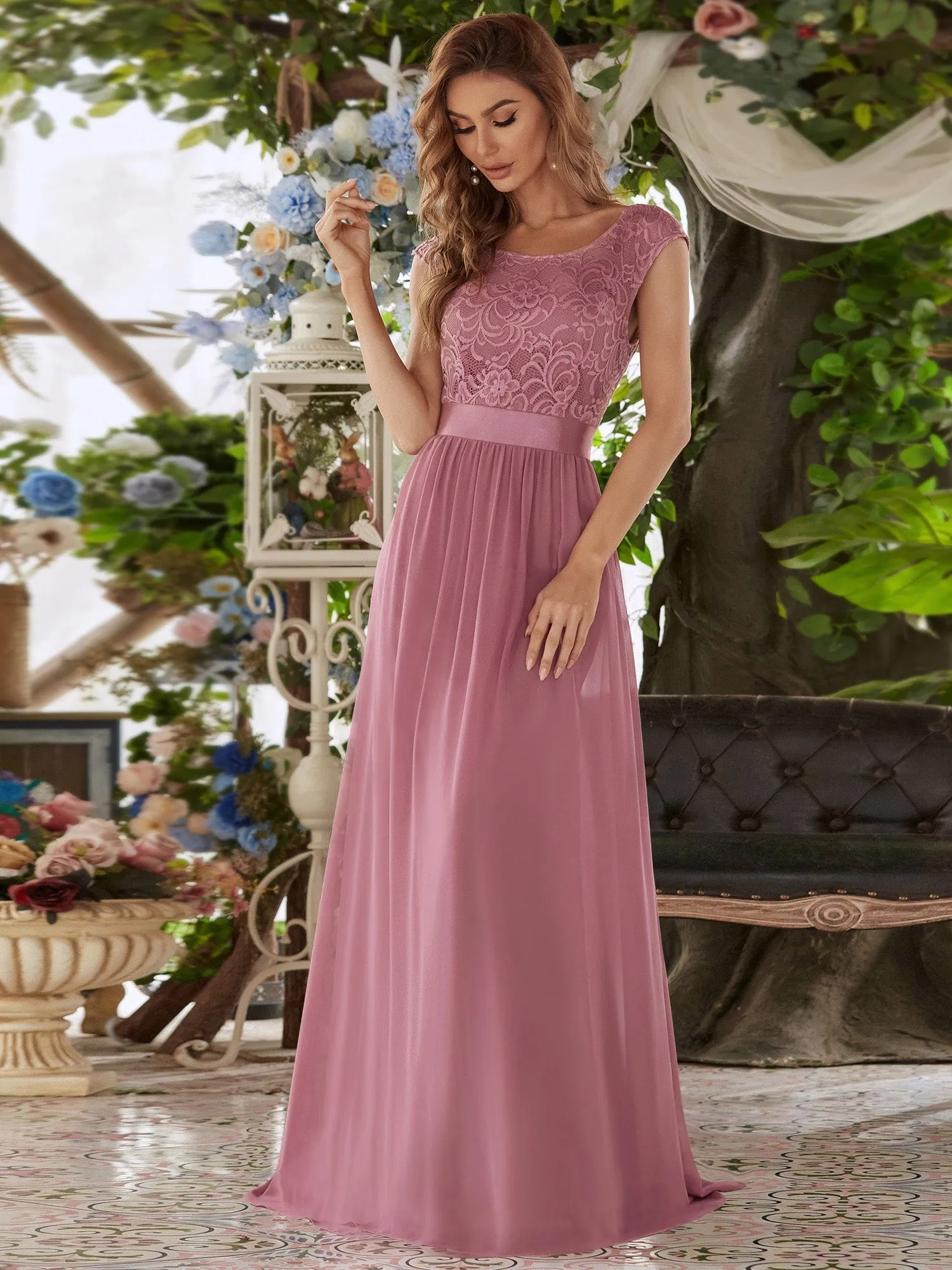 Classic Round Neck V Back Lace Bodice Bridesmaid Dress