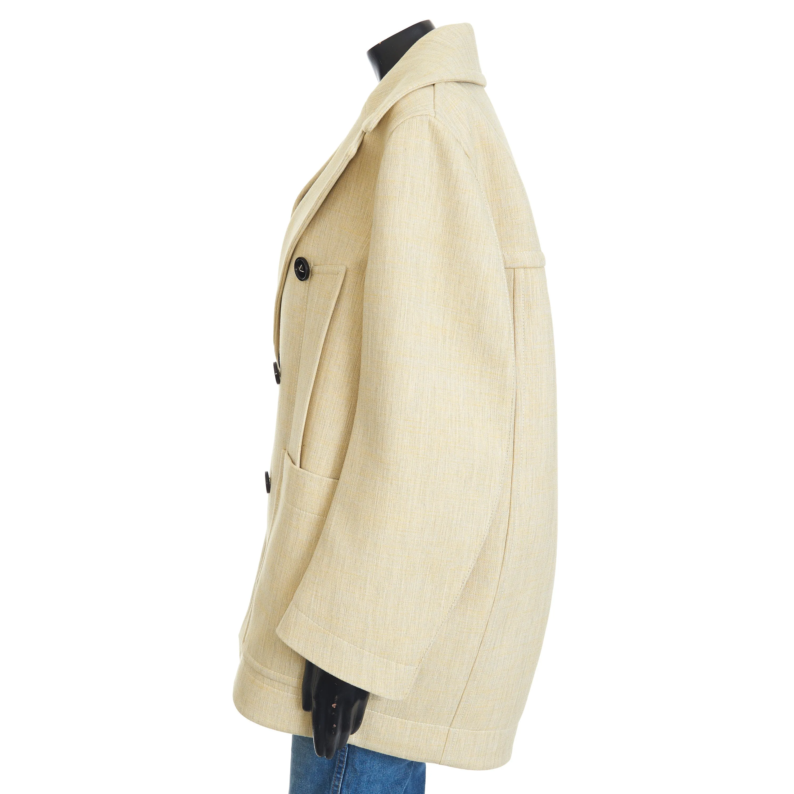 Curved Shape Double Wool Coat In Oatmeal Beige Melange Cotton & Wool Blend